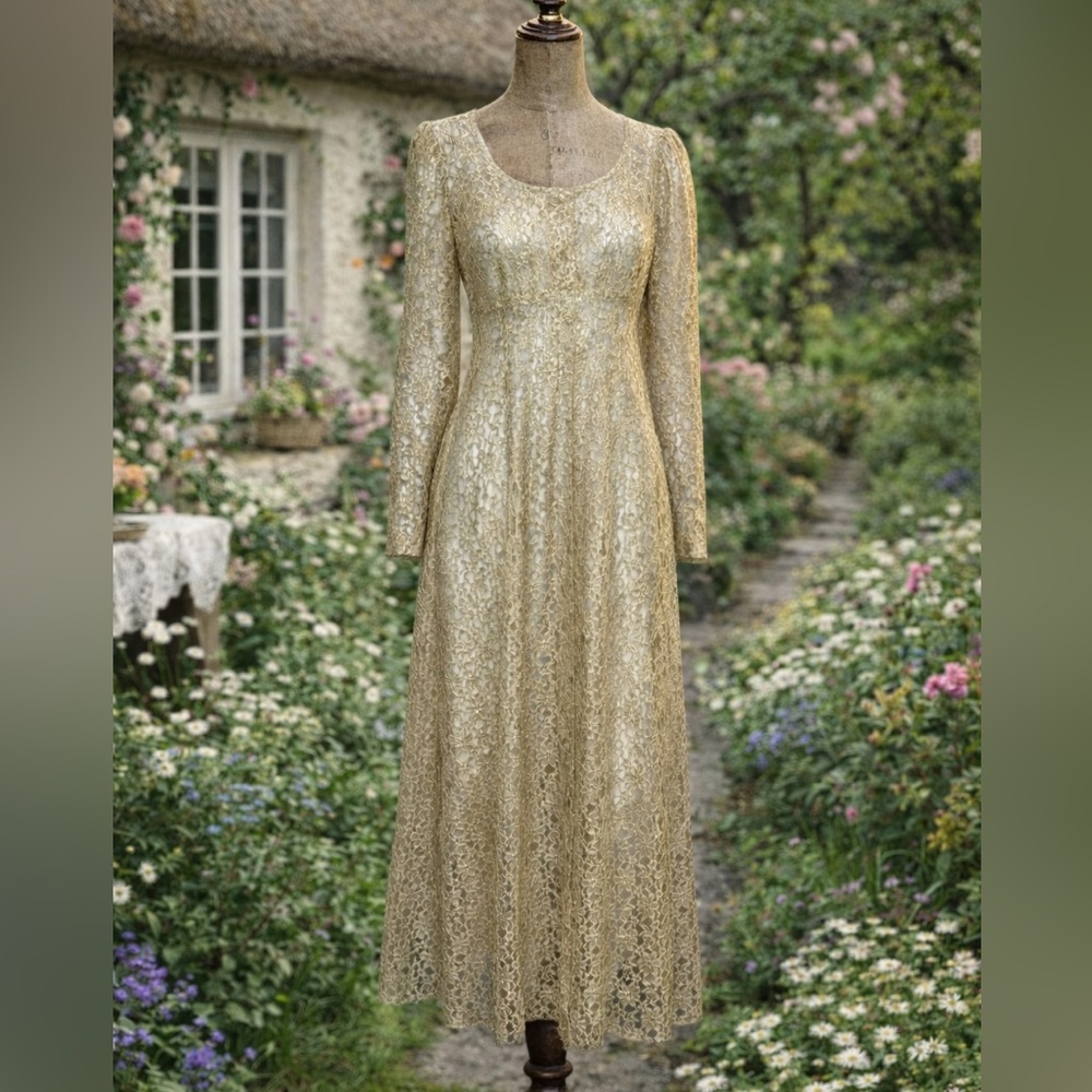 Vintage 1980s / 1990s Dawn Joy Fashions, Beige Champagne Lace, Overlay Dress